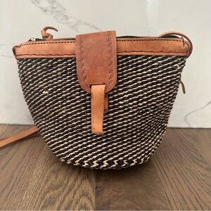 Anthropologie Vintage Small Raffia & Leather Crossbody Handbag Dark Purple & Tan